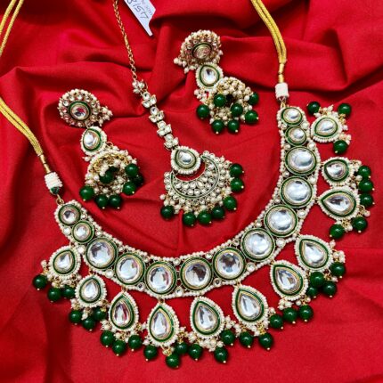 Ritika Kundan Necklace Set (Green)