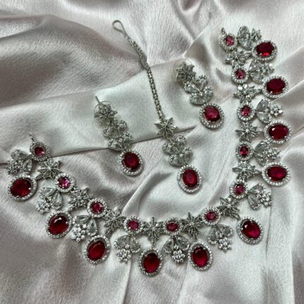 Pinal AD Necklace Set with Mangtika (Red)