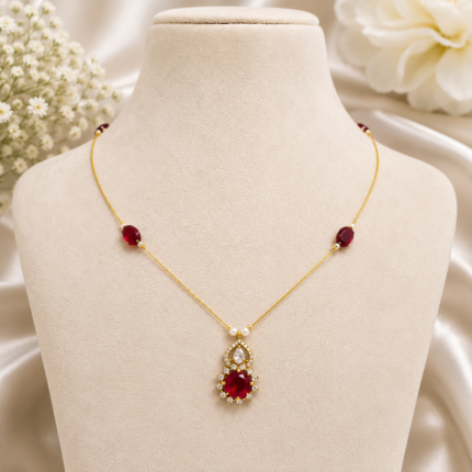 Saanvi Invisible AD Temple Chain - Mehendi Polish (Ruby Red)