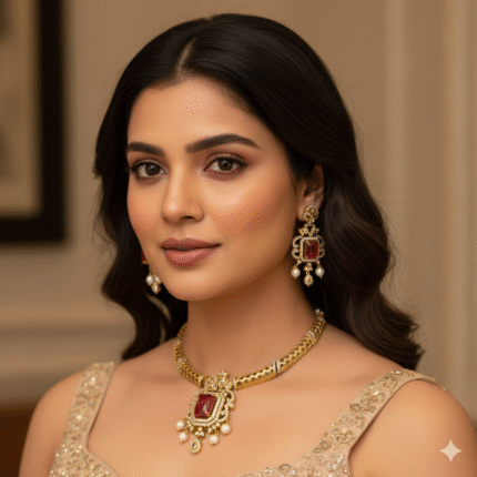 Aarya AD Necklace Set - Mehendi Polish (Ruby Red)