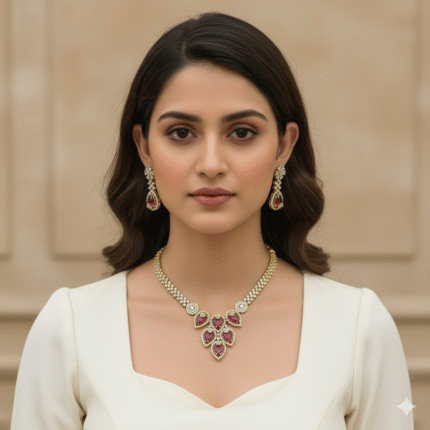 Divya AD Necklace Set - Mehendi Polish (Ruby Red)