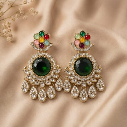 Narikaya Kundan Earrings (Green)