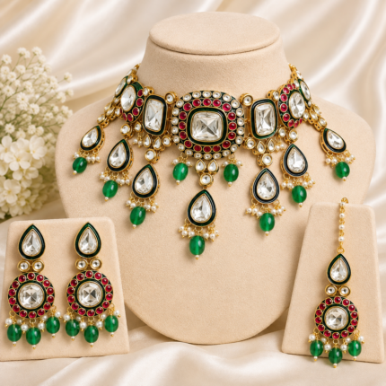 Praveena Kundan Polki Necklace Set (Emerald Green)
