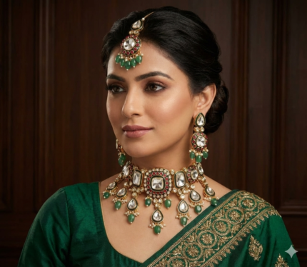 Praveena Kundan Polki Necklace Set (Emerald Green)