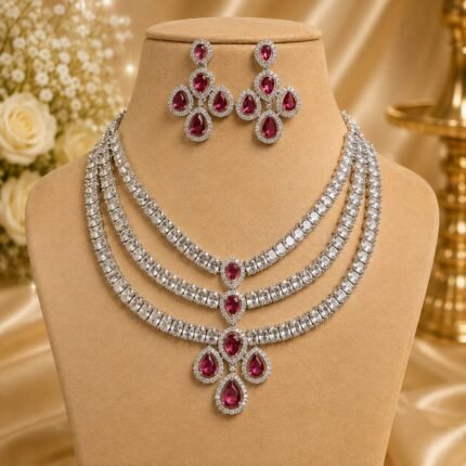 Nyra 3 Layer AD Necklace Set (Ruby Red)