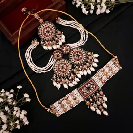 Debina Jadau Reverse AD Necklace Set (Multicolour)